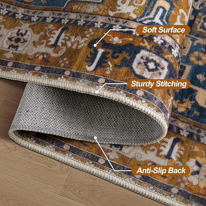 Tangsoo 2x3 Washable Rug for Entryway, Vintage Non Slip Small Area Rug, Indoor Front Door Rug, Print Distressed Door Mat Carpet, Soft Low Pile Rugs for Entrance Kitchen Bedroom Rusty Orange