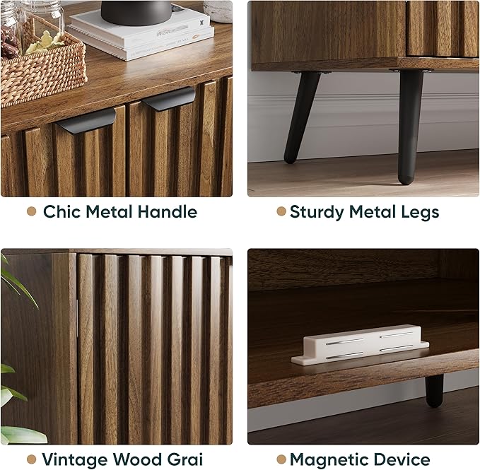 Semiocthome Walnut Buffet Cabinet with Storage, Sideboard Cabinet with Fluted Doors and Metal Legs, Storage Cabinet with Adjustable Shelf, Accent Table for Living Room, Dining Room, Kitchen, Entryway