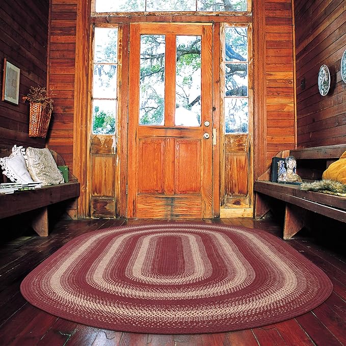 Homespice Autumn Maple Burgundy and Tan Oval Braided Rug, Jute, 6x9' - Rustic Primitive Decor for Bedroom, Living Room, Everywhere