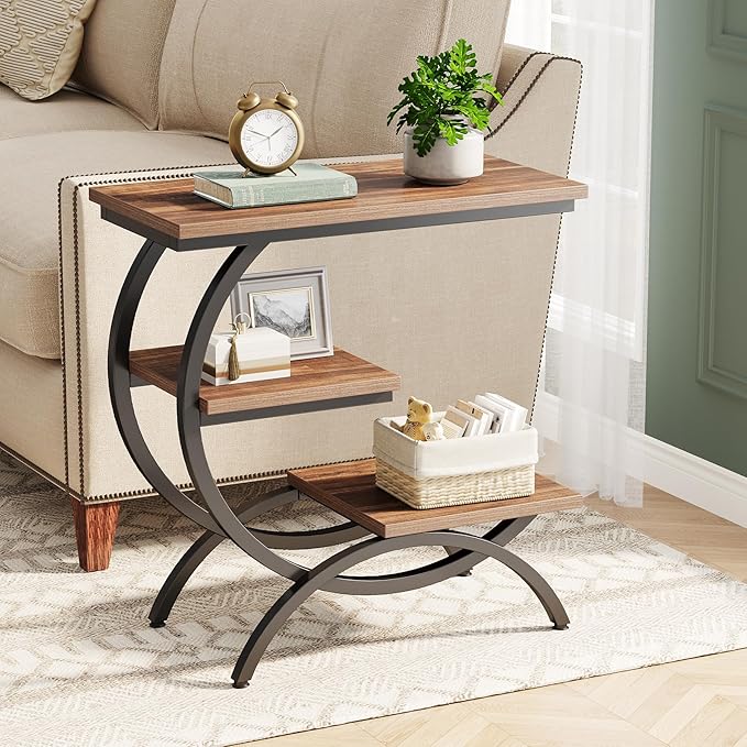 Tribesigns C-Shaped End Table Set of 2, Industrial 3-Tier Small Side Table for Couch, Wood Bedside Table Snack Side Table with Storage Shelves for Living Room Small Space, Rustic Brown