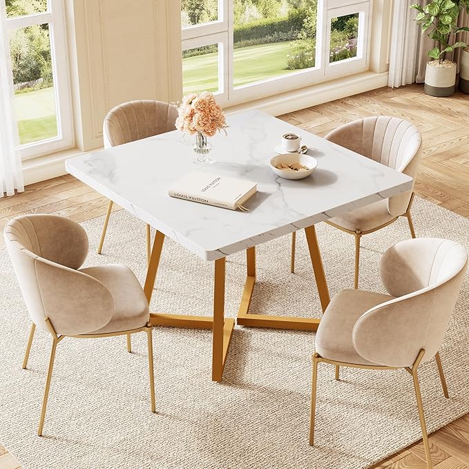 LITTLE TREE 31.5 Inches Small Dining Table for 4, Square Dinner Table for Small Space, Dining Room Tables, White Gold Wooden Kitchen Table with Metal Legs, Modern Leisure Cafe Table for Apartment