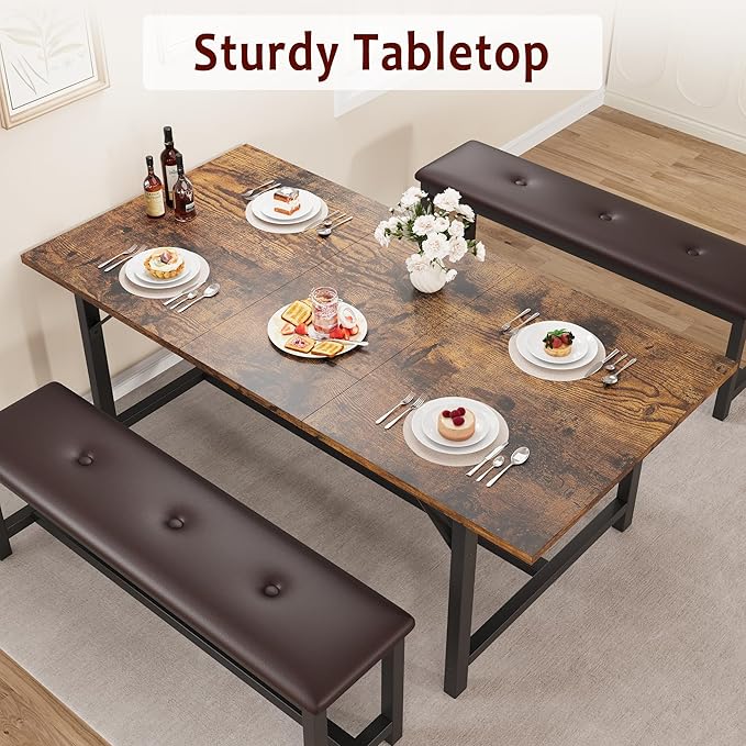 Dining Table Set for 4-6, 63“ Large Extendable Kitchen Table Set, Wood Rectangle Kitchen Table with 2 Soft Benches for Small Space, Apartment, Dinner,Saving Space, Retro Brown