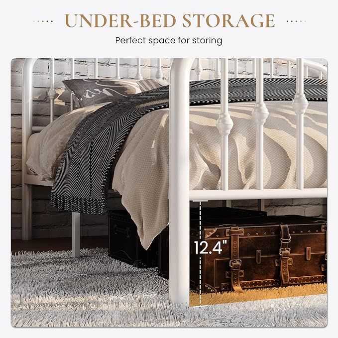 SHA CERLIN Queen Size Metal Platform Bed Frame with Victorian Style Wrought Iron-Art Headboard/Footboard, No Box Spring Required, White