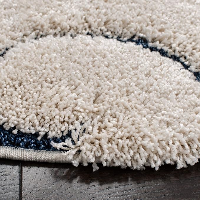 SAFAVIEH Florida Shag Collection Area Rug - 8' Round, Cream & Blue, Scroll Design, Non-Shedding & Easy Care, 1.2-inch Thick Ideal for High Traffic Areas in Living Room, Bedroom (SG455-1165)