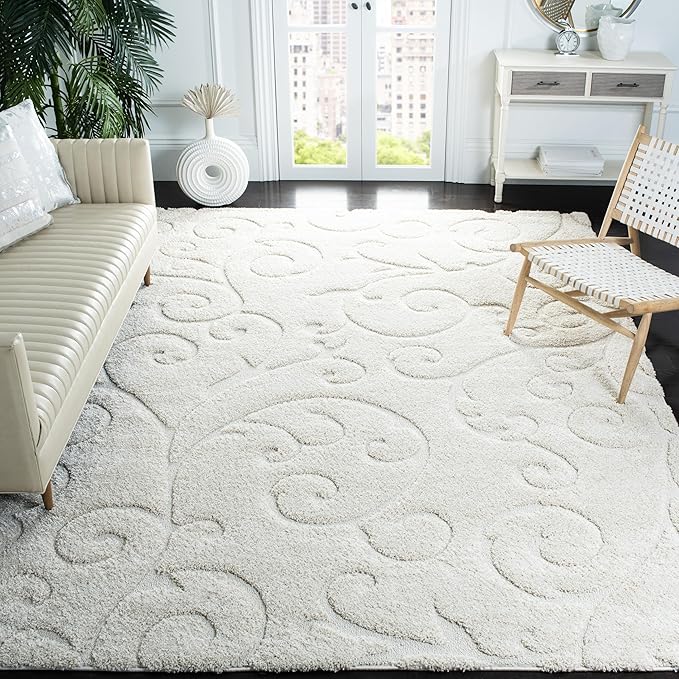 SAFAVIEH Florida Shag Collection Area Rug - 8'6" x 12', Creme & Creme, Scroll Design, Non-Shedding & Easy Care, 1.2-inch Thick Ideal for High Traffic Areas in Living Room, Bedroom (SG455-1111)
