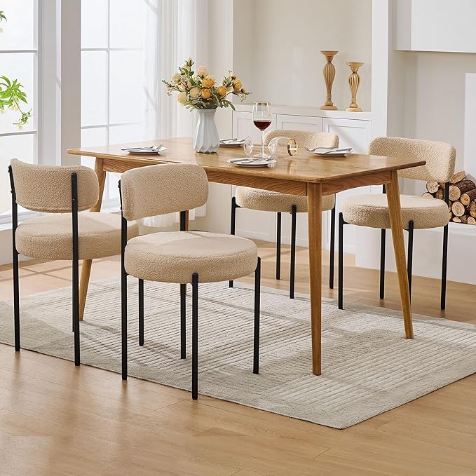 Boucle Dining Chairs, Kitchen Dining Room Chairs Curved Backrest Upholstered Mid Century Modern Dining Chairs (Beige, 2pcs)