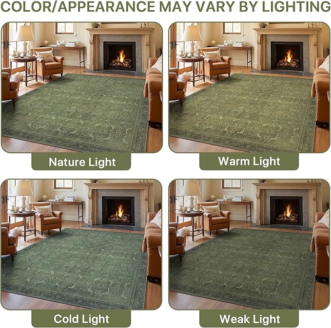 9X12 Area Rugs Machine Washable Rugs for Living Room, Vintage Boho Large Rugs for Bedroom Dining Room, Non Slip Indoor Soft Distressed Lightweight Thin Low Pile Carpet, Vivid Green