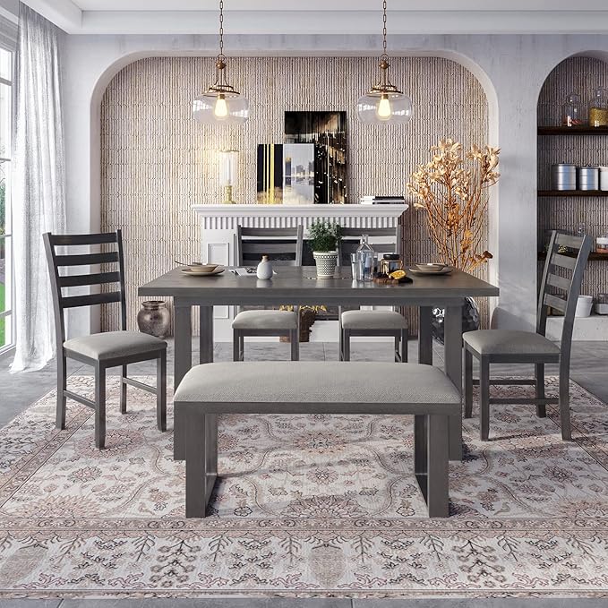Ball & Cast 6 Piece Dining Table Set with 4 Ladder Back Upholstered Chairs and 1 Bench,Wooden Living Room Furniture W/ 60" Rectangle Kitchen Desk,for Restaurant,Home Bistro,Gray