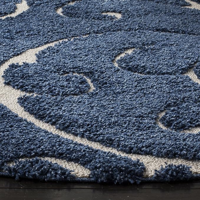SAFAVIEH Florida Shag Collection Area Rug - 8' Round, Dark Blue & Cream, Scroll Design, Non-Shedding & Easy Care, 1.2-inch Thick Ideal for High Traffic Areas in Living Room, Bedroom (SG455-6511)