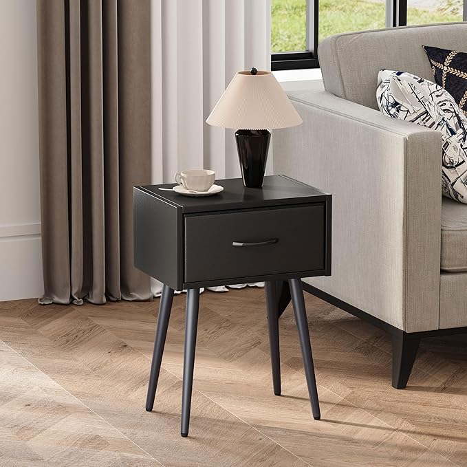 Black Nightstands Set of 2, Small Bedside Table with Fabric Drawer, Modern End Table with Metal Leg, Couch Side Table for Bedroom Living Room, Sofa, Office LNT504B
