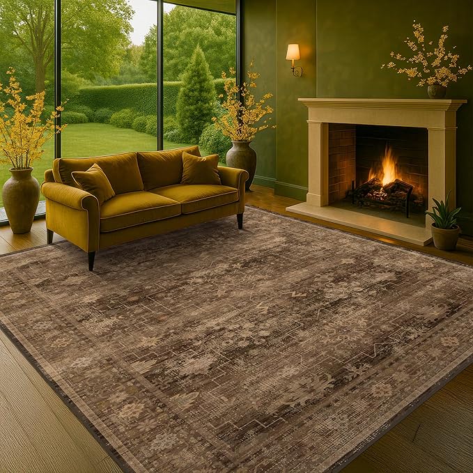 Boho Brown Living Room Rug 6x8 - Modern Vintage Traditional Oriental Taupe Neutral, Washable Low Pile Non-Slip Extra Large Area Rugs for Dining Under Table Bedroom Lounge