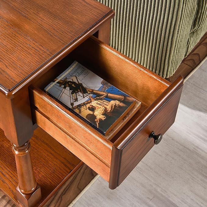 Narrow End Table with Drawer and Open Storage Shelf, Solid Wood Sofa Side Table for Living Room, Beside Table,Telephone Table for Small Spaces, No-Tools Assembly Caramel Brown BBJ004DR