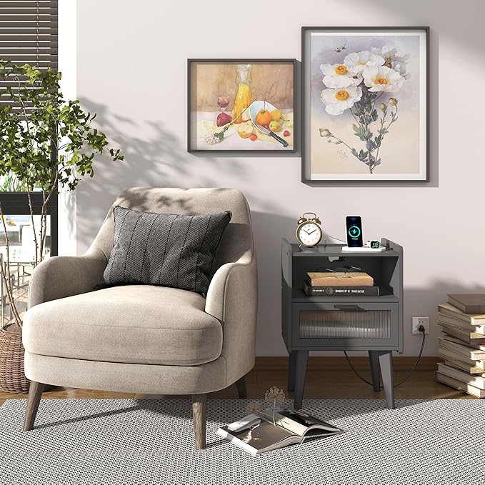 Nightstand with Charging Station, Bedside Tables Set of 2, End Table Side Table with 2 Tiers Storage Space, for Bedroom, Living Room, Grey MLBZ07ZEV-2