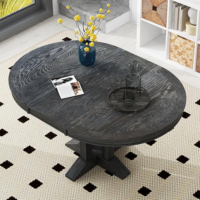 FULife Country Rustic Design Round Table with 14" Removable Leaf, Extendable Circular to Oval Solid Wood Tabletop with X-Shaped Trestle Legs, Space-Saving Kitchen-Tables for Dining/Living Room