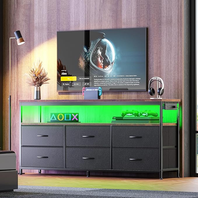 Huuger LED TV Stand for Bedroom, 55 Inch Fabric Dresser with Power Outlets, Entertainment Center for 60, 55 Inch TV, 6 Drawer Dresser for Bedroom, Chest of Drawers with Shlef, PU Leather, Rustic Brown