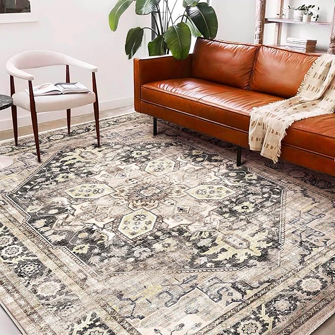 Washable Area Rug 10'x14' Black-Purple Khaki Retro Flowers Boho Design Non-Shedding Easy Care Ideal for High Traffic Areas in Living Room Bedroom Office Coffee Table Kitchen Large Carpet