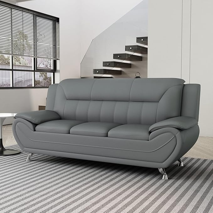 Container Furniture Direct Michael Modern Faux Leather Upholstered Stainless Steel Legs Living Room Sofa, Chair, Sleek Gray