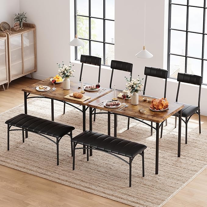 GAOMON Dining Table Set for 4 with Upholstered Bench and 2 Chairs, Rectangular Dining Room Table Set for 4 for Small Space, Apartment, Dinner, Rustic Brown