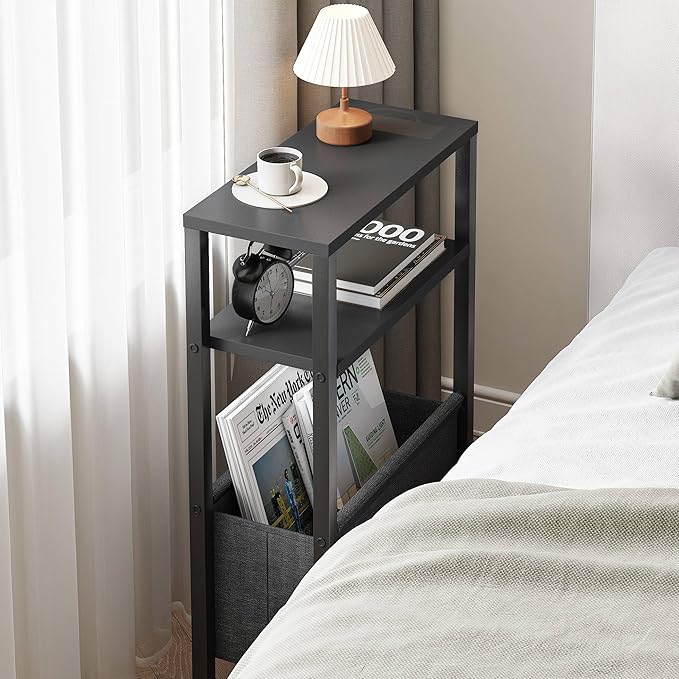 Narrow Side Table, Slim End Table with Magazine Rack, Bedside Table for Small Spaces, 3 Tier Sofa Couch Table Nightstand for Living Room, Bedroom Black LET503B