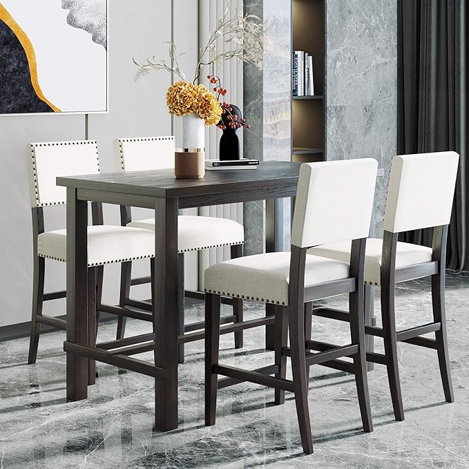 Ball & Cast 5 Piece Dining Table Set,4 Upholstered Chairs with Curved Backrests,Wooden Living Room Furniture W/ 52" Rectangle Kitchen Desk,for Restaurant,Home Bistro,Espresso and Beige