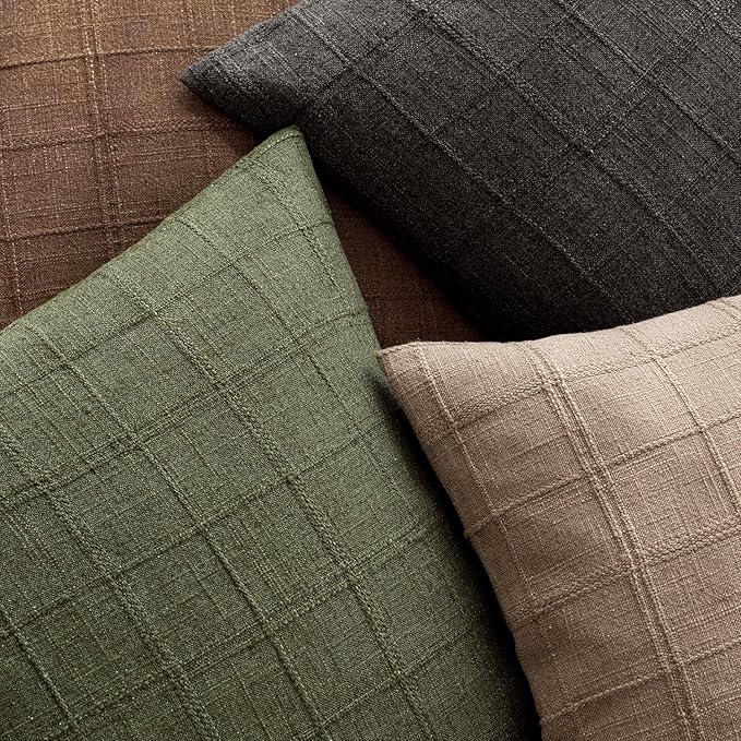Foindtower Set of 2 Decorative Linen Check Throw Pillow Covers Neutral Farmhouse Vintage Cushion Covers Modern Boho Home Decor for Sofa Chair Couch Bedroom Living Room Outdoor,20×20 Inch,Olive Green