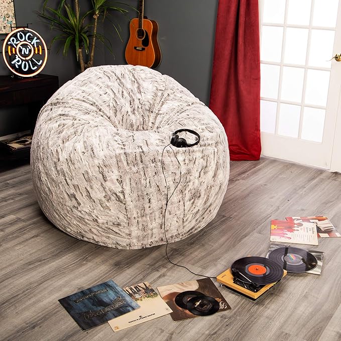 Jaxx 6 Foot Cocoon - 2-in-1 Convertible Bean Bag Bed & Large Bean Bag Chair for Adults, Premium Luxe Faux Fur - Silver Fox