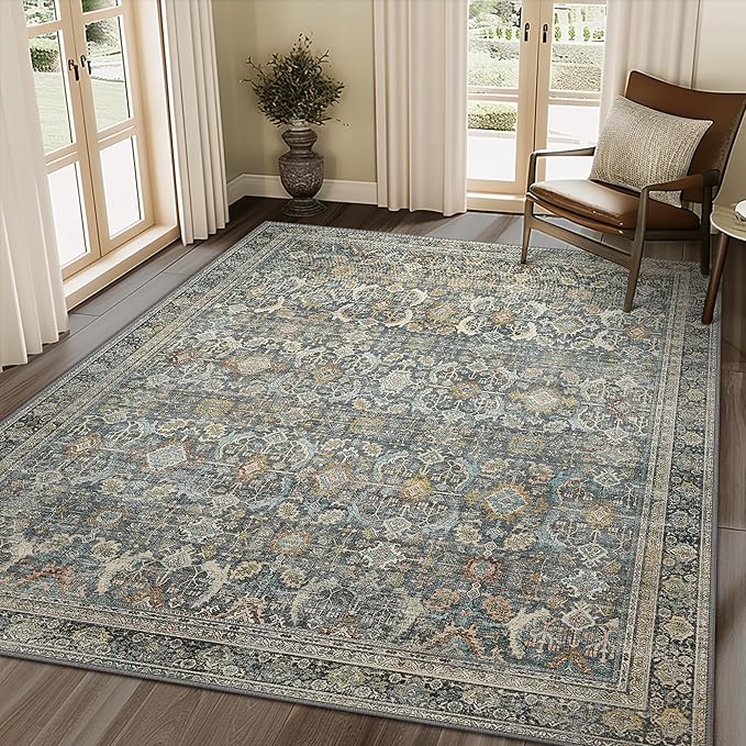 9X12 Area Rugs Machine Washable Rugs for Living Room, Vintage Boho Large Rugs for Bedroom Dining Room, Non Slip Indoor Soft Distressed Lightweight Thin Low Pile Carpet, Terracotta