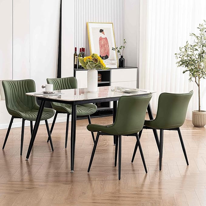 YOUTASTE Dining Chairs Set of 2 Upholstered Mid Century Modern Kitchen & Dining Room Chairs Armless Faux Leather Accent Chair with Padded Back Metal Legs for Bedroom Vanity Lounge, Olive Green