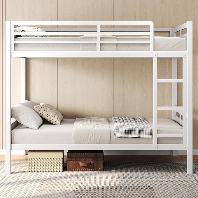 Feonase Metal Bunk Bed Twin Over Twin with Ladder and High Guardrail, Heavy-Duty Metal Slats Support, Noise Free, No Box Spring Needed, for Kids and Juniors, Black