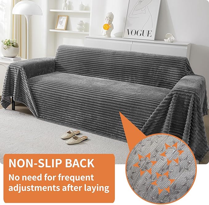 HAOMAIJIA Faux Fur Sofa Covers Couch Covers for 3 Cushion Couch Sofa Pet Friendly Soft Non Slip Couch Cover for Dogs Washable Sectional Couch Covers L Shape Furniture Protector (Grey, 71"x134")