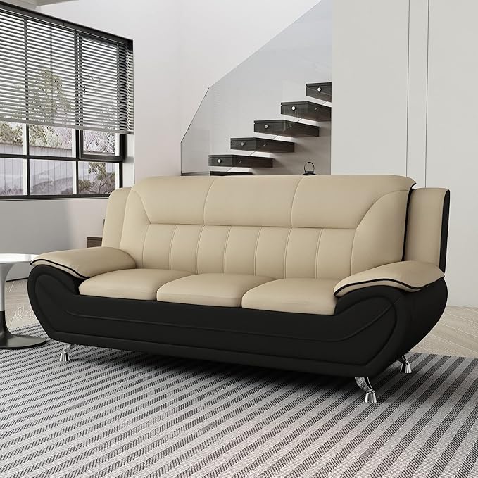 Container Furniture Direct Michael Modern Faux Leather Upholstered Stainless Steel Legs Living Room Sofa, Black Camel