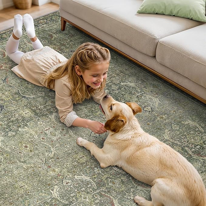 9X12 Area Rugs Machine Washable Rugs for Living Room, Vintage Boho Large Rugs for Bedroom Dining Room, Non Slip Indoor Soft Distressed Lightweight Thin Low Pile Carpet, Green