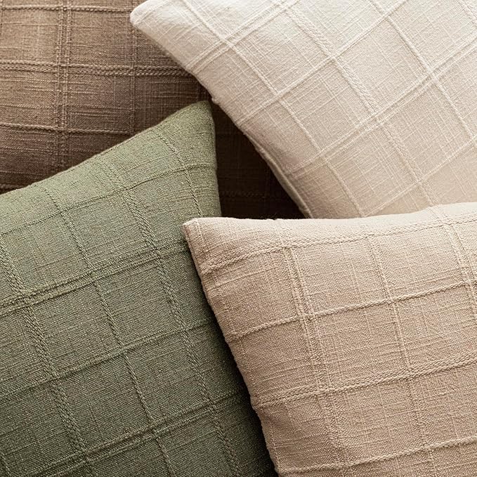 Foindtower Set of 2 Decorative Linen Check Throw Pillow Covers Neutral Farmhouse Vintage Cushion Covers Modern Boho Home Decor for Sofa Chair Couch Bedroom Living Room Outdoor,18×18 Inch,Sage Green