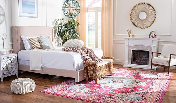 SAFAVIEH Monaco Collection Area Rug - 8' x 11', Pink & Multi, Boho Chic Medallion Distressed Design, Non-Shedding & Easy Care, Ideal for High Traffic Areas in Living Room, Bedroom (MNC243D)