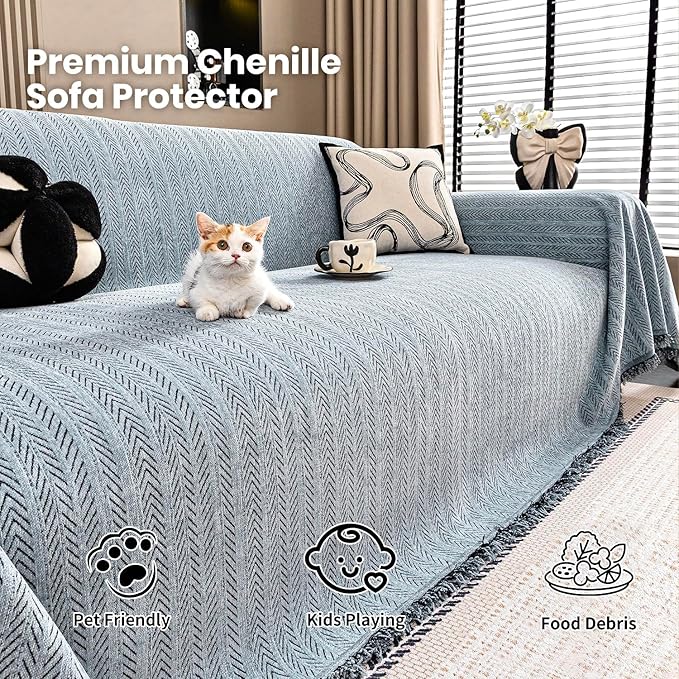 Nobildonna Sofa Chair Cover Waterproof Soft Thicken Chenille Cushion Couch Cover with Tassels,Washable Sofa Slipcovers for Armchair Recliner Sectional Furniture Protector,Dusty Blue 71"x71"