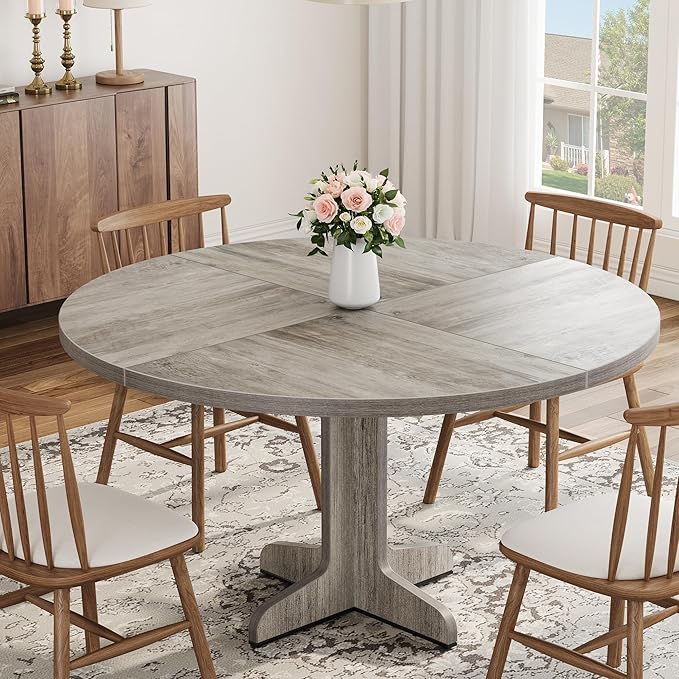 Garvee 47 Inch Round Dining Table for 4, Farmhouse Kitchen Dining Room Circle Dinner Table, Kitchen Dining Room Furniture, Grey (Table Only)
