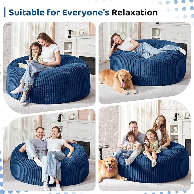 HABUTWAY 5FT Bean Bag Chair, 5' Large Bean Bag Chairs for Adults with Removable Stripe Plush Cover, Memory Foam Beanbag Chair for Living Room Bedroom Dorm (Blue)