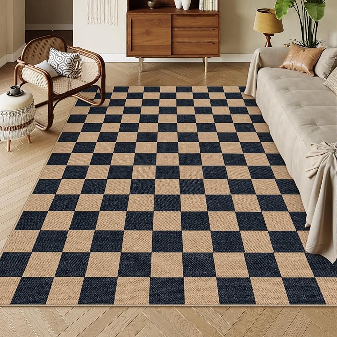 Lahome Checkered Easy Jute Carpet, Washable Area Rug 6x9 Neutral Outdoor Patio Rug, Farmhouse Checkerboard Non Slip Non Shedding Floor Carpet for Dining Living Room Deck Sunroom
