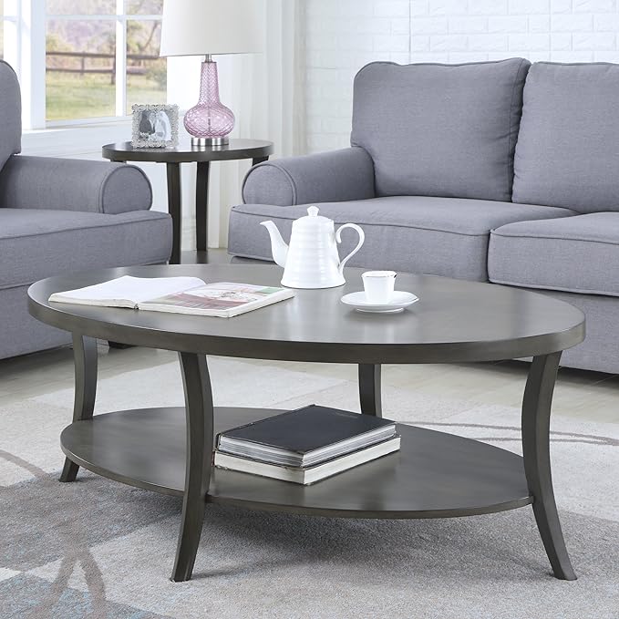 Roundhill Furniture Contemporary Perth Oval Shelf Coffee Table Set, Grey