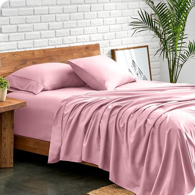 Bare Home Split Head Flex King Sheet Set - 1800 Ultra-Soft Microfiber Bed Sheets - Double Brushed - Deep Pockets - Easy Fit - 4 Piece Set - FlexTop King Bedding (Split Head Flex King, Light Pink)