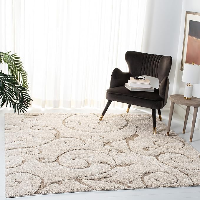 SAFAVIEH Florida Shag Collection Area Rug - 4' Square, Cream & Beige, Scroll Design, Non-Shedding & Easy Care, 1.2-inch Thick Ideal for High Traffic Areas in Living Room, Bedroom (SG455-1113)