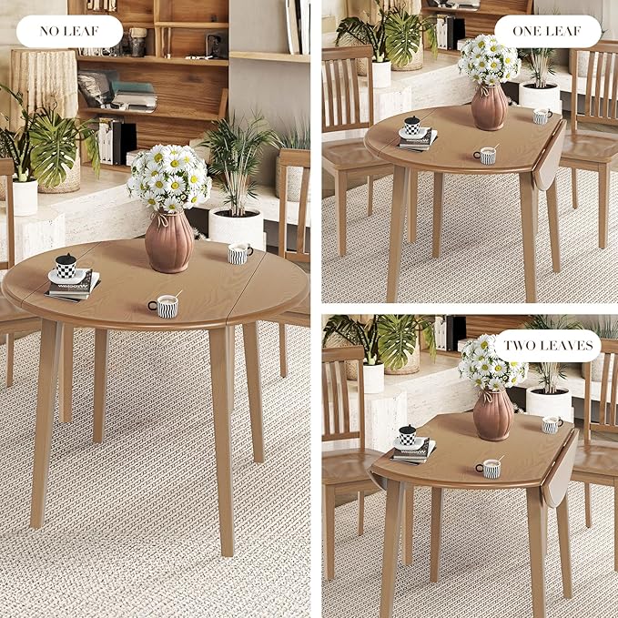COLAMY 5-Piece Extendable Dining Table Set for 4, 36" Kitchen Round Wood Table with 4 Nailhead Dining Room Chairs,Light Brown/Light Brown