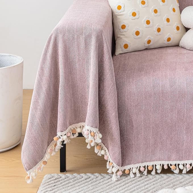 HANDONTIME Solid Boho Sofa Cover for 3 Cushion Couch - Pink-Purple Chenille Throw With Tassels for Dogs, 91" X 150" - Mauve