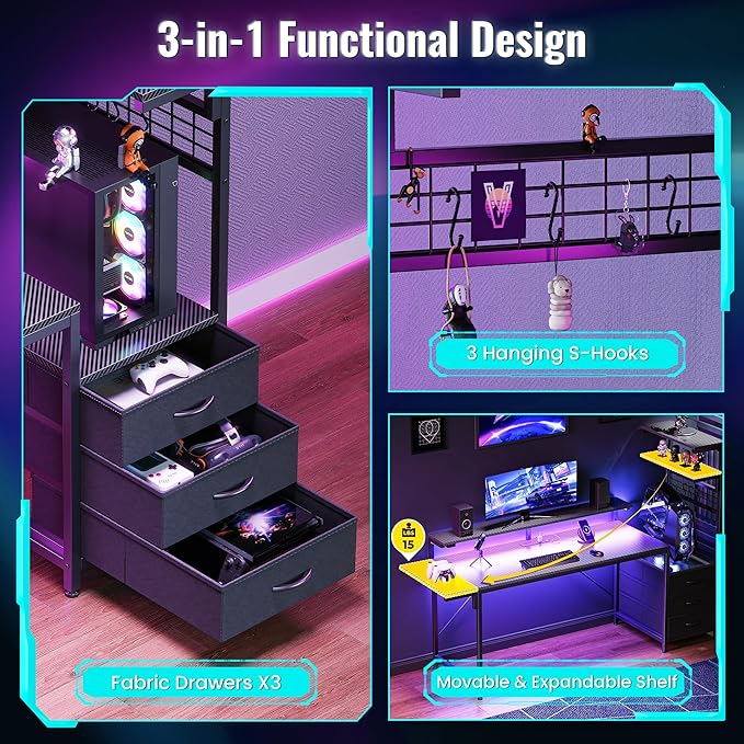 PRAISUN 61.7" Gaming Desk with LED Lights & Outlets, Computer Desk with 3 Fabric Drawers, PC Desk with PC Case Stand & Movable Storage Shelves, Monitor Stand, Reversible, Carbon Fiber Black