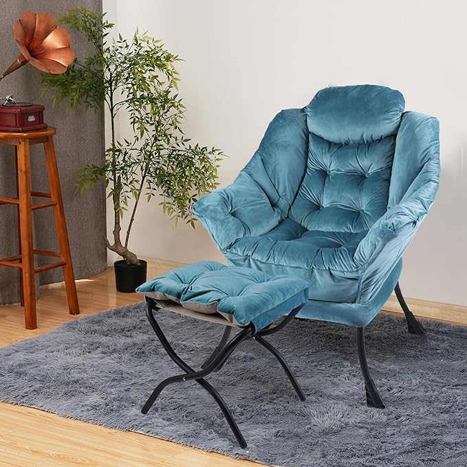 Lazy Chair with Folding Ottoman,Living Room Chairs, Accent Contemporary Lounge Chair, Single Steel Frame Leisure Sofa Chair with Armrests and A Side Pocket (DL60GREEN)