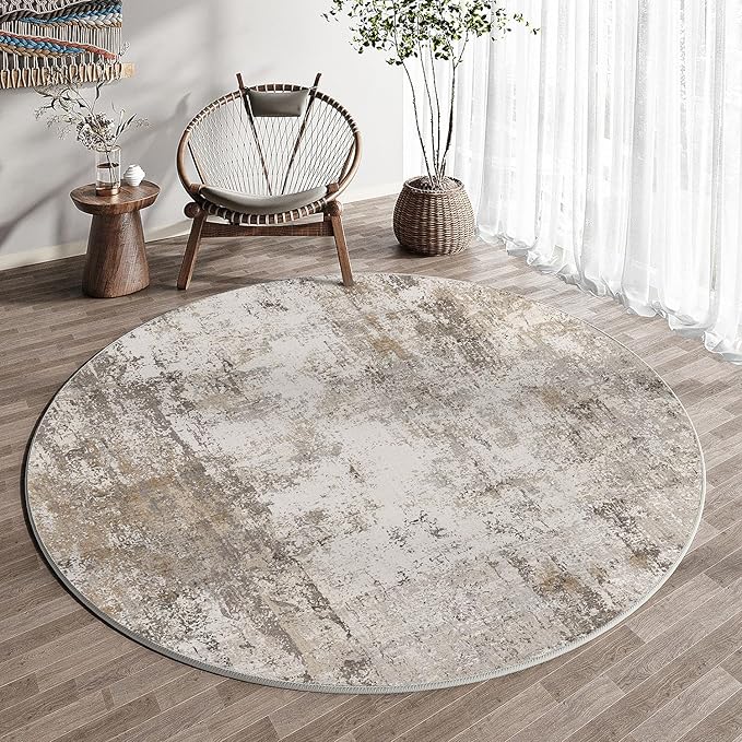 5x5 Washable Round Rug Brown Grey Neutral Abstract Living Room Bedroom Non Slip Low Pile Area Rug Office Entryway Indoor Doormat Soft Carpet for Entrance Bathroom Kitchen