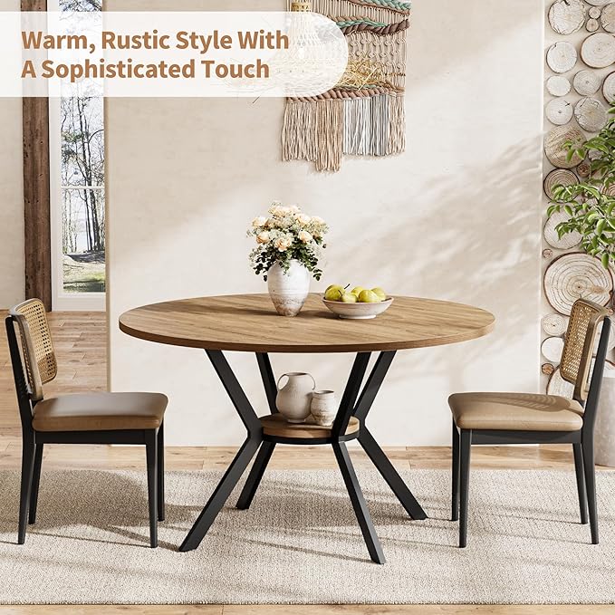 Round Dining Table for 4, 42 Inch Farmhouse Kitchen Table with Storage, Rustic Wooden Circle Dinner Pedestal Table with Metal Legs, Space Saving Kitchen & Dining Room Furniture, Natural Wood