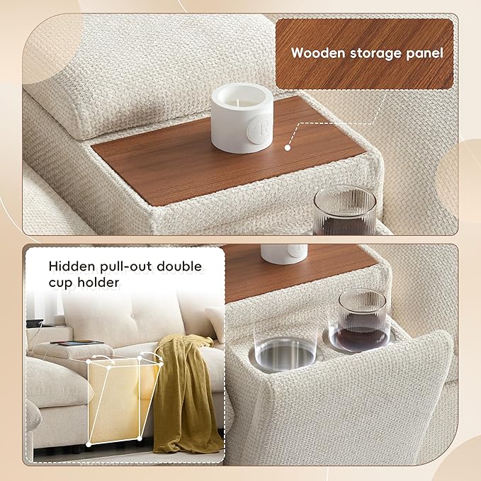 Merax 142'' Modular Sectional Sofa Set with Movable Storage Ottoman and Console, Cup Holder, Wide Seat, 6 Seat U Shaped Couch, Oversized Chenille Sofa with USB Charger for Living Room, Beige