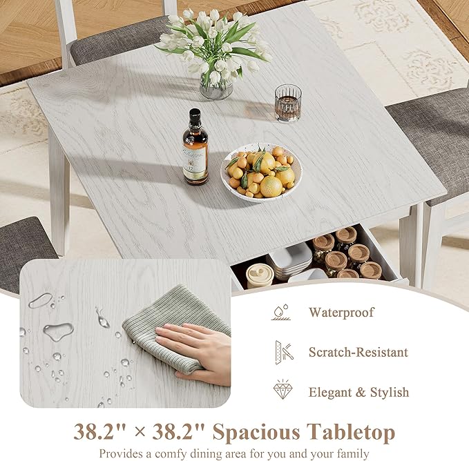 38.2'' Square Solid Wood Dining Table for 4, Farmhouse Kitchen Table for Kitchen, Dining Room, Restaurant, Natural Eco-Friendly, Washed Gray