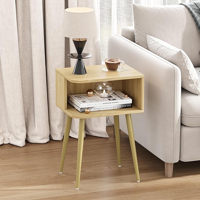 Natural Nightstand Set of 2, Small Bed Side Table for Small Spaces, Mid Century Modern Nightstand End Table with Open Storage, Side Table for Bedroom Living Room, MLBZ20Y-2